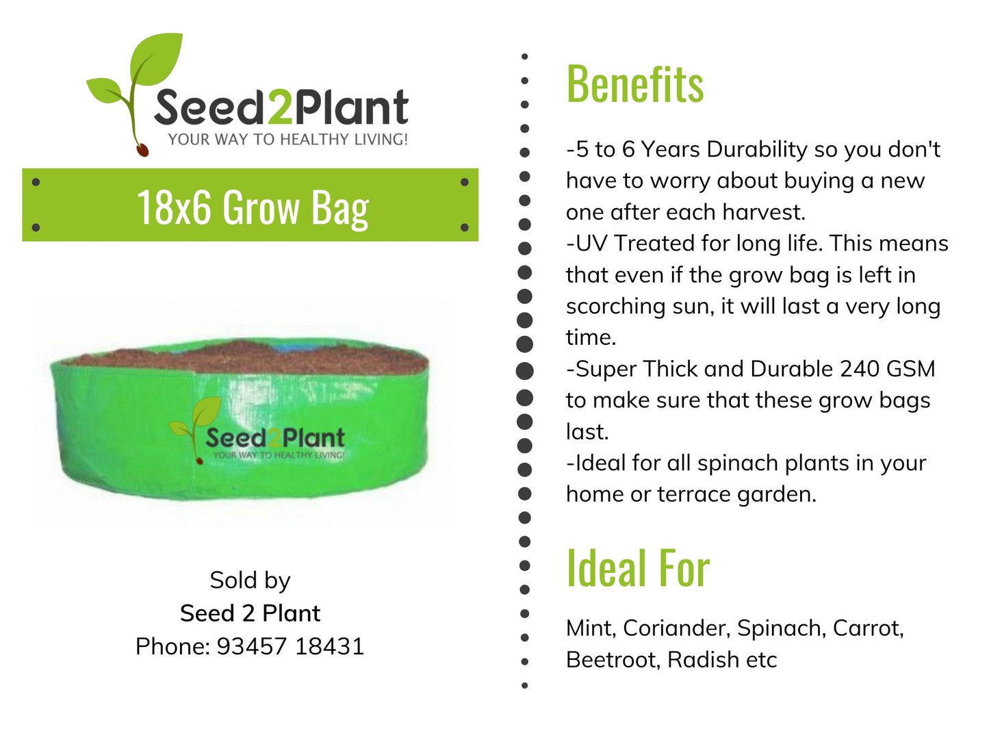 18x6 Inches (1½x 1⁄2 Ft) - 220 GSM HDPE Round Spinach Grow Bag