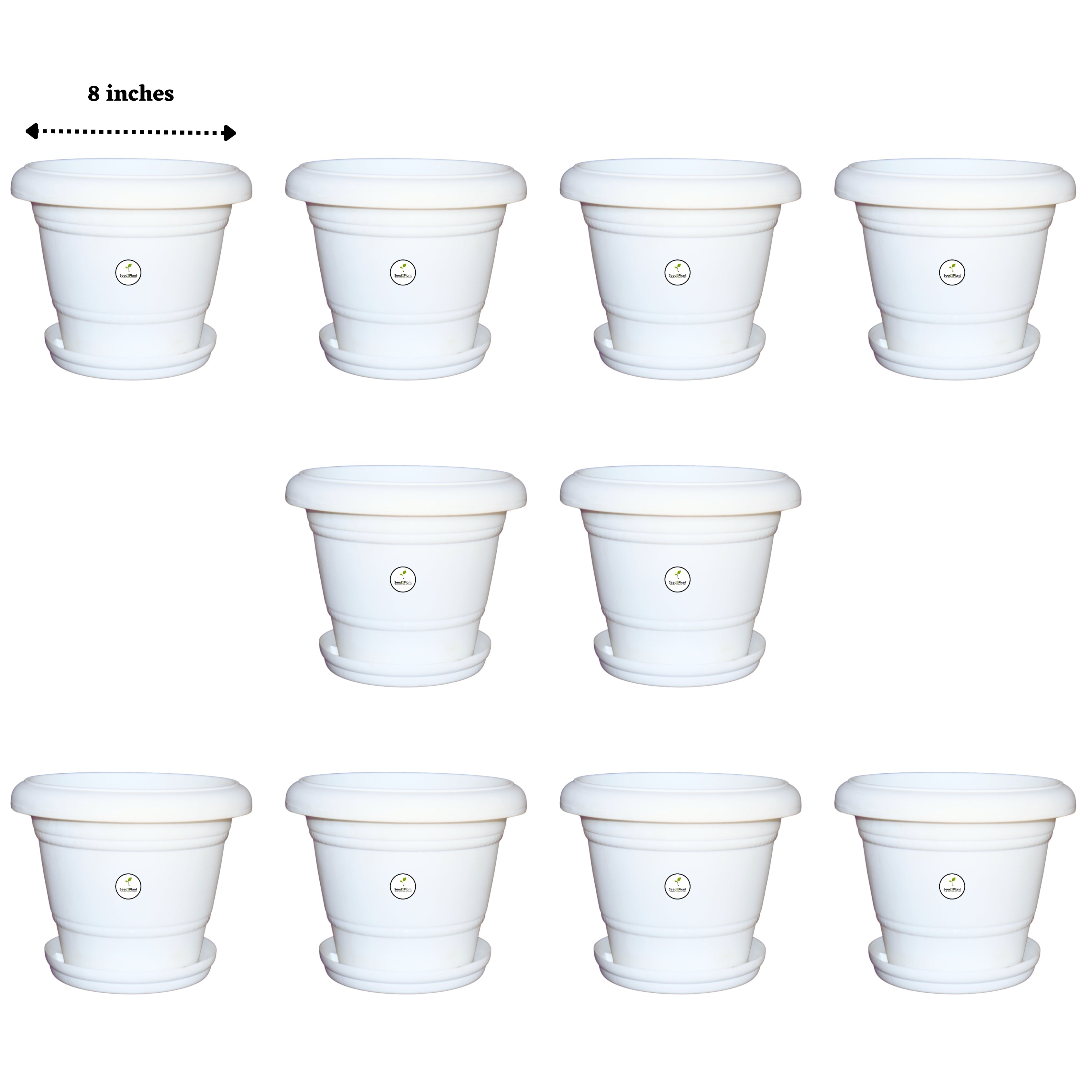 8 Inch UV Treated Plastic Pots - White Colour