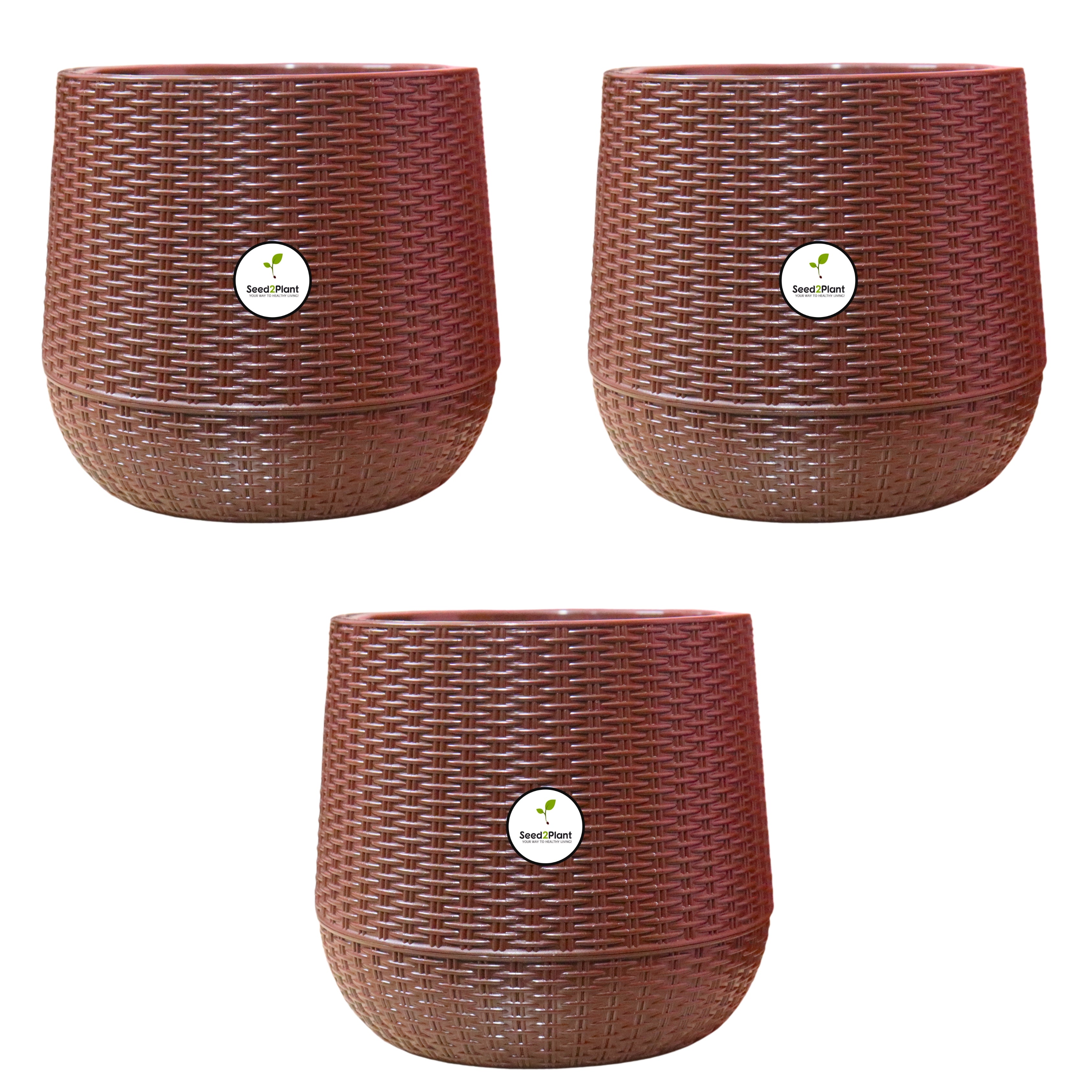 Rattan Style Indoor Plastic Pot - Brown Colour