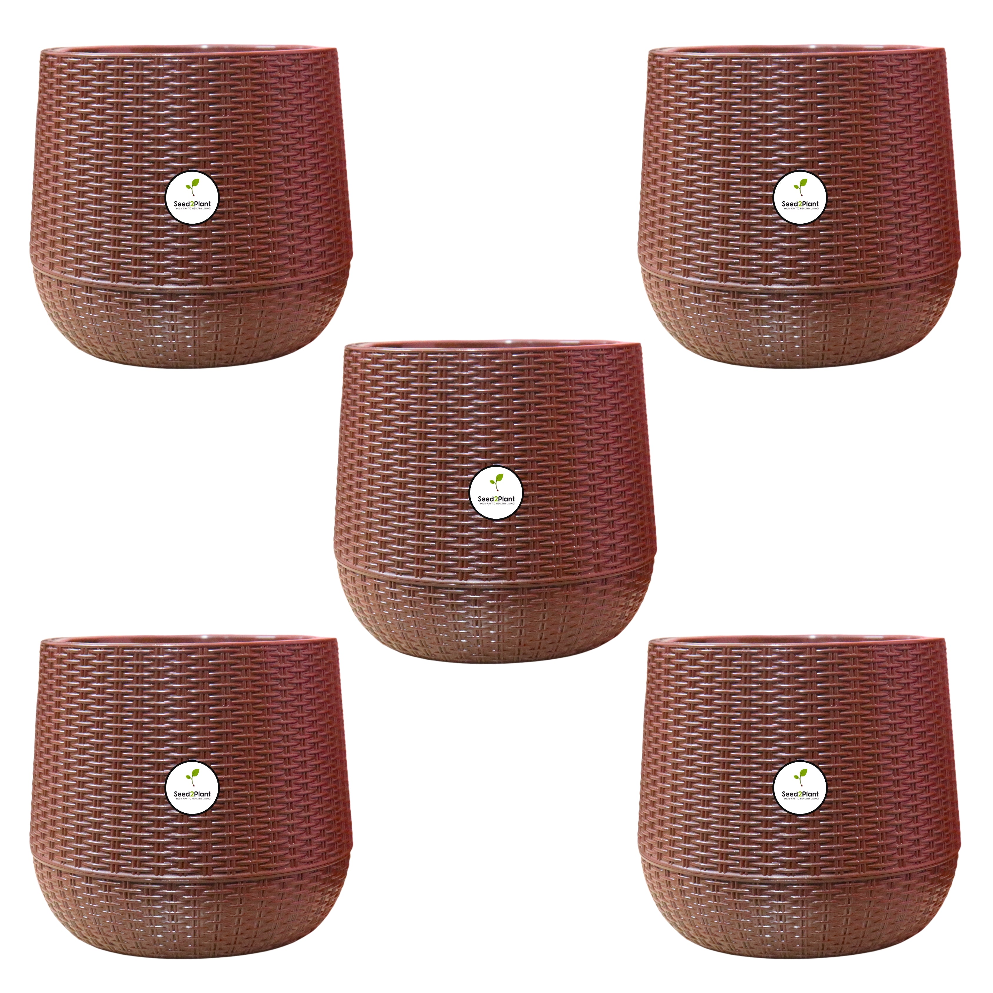 Rattan Style Indoor Plastic Pot - Brown Colour