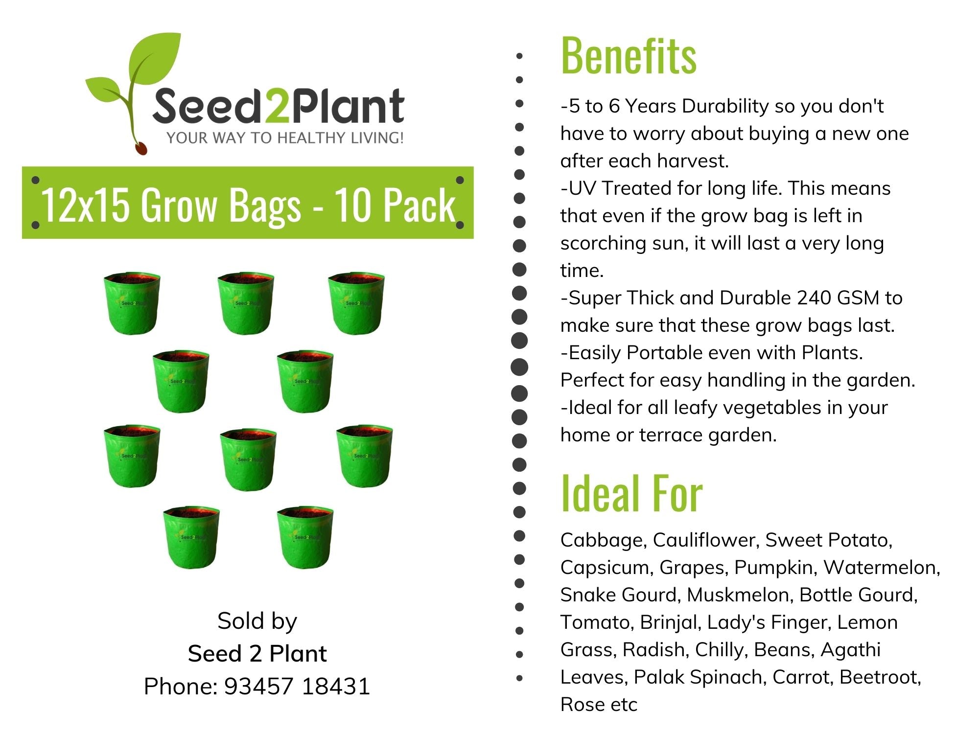 12x15 Inches (1x1¼ Ft) (Pack of 10) - 220 GSM HDPE Round Grow Bag