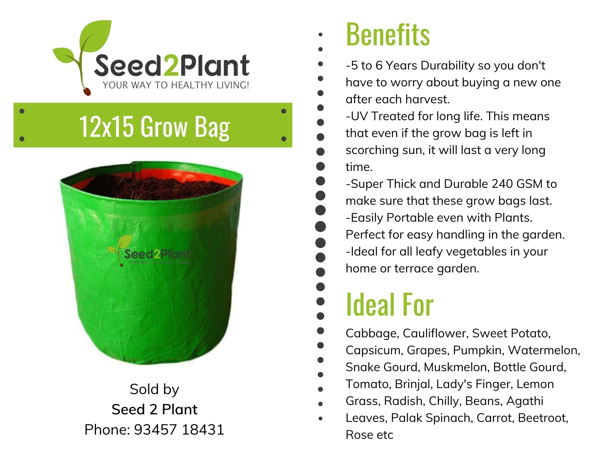 12x15 Inches (1x1¼ Ft) - 220 GSM HDPE Round Grow Bag