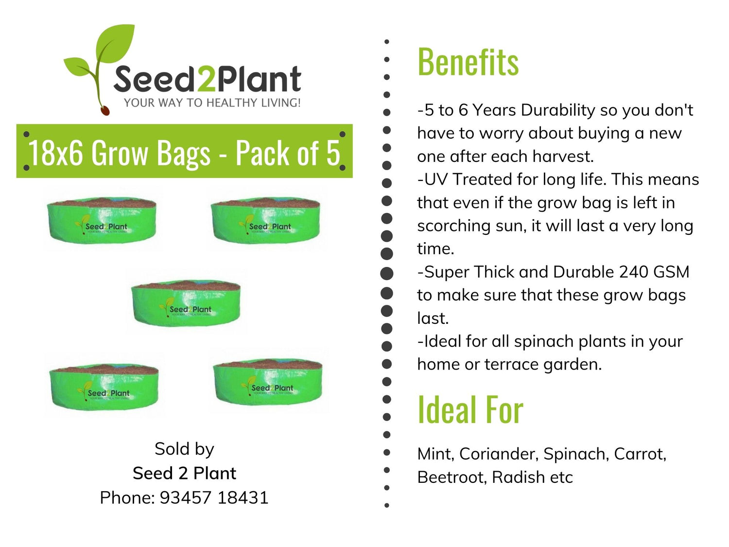 18x6 Inches (1½x 1⁄2 Ft) (Pack of 5) - 220 GSM HDPE Round Spinach Grow Bag