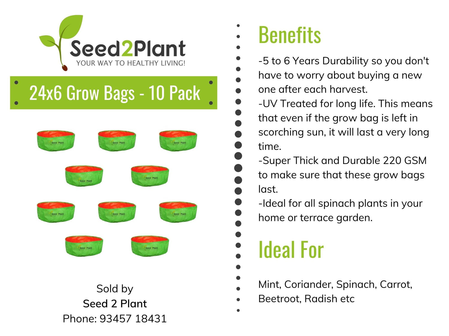 24x6 Inches (2x 1⁄2 Ft) (Pack of 10) - 220 GSM HDPE Round Spinach Grow Bag