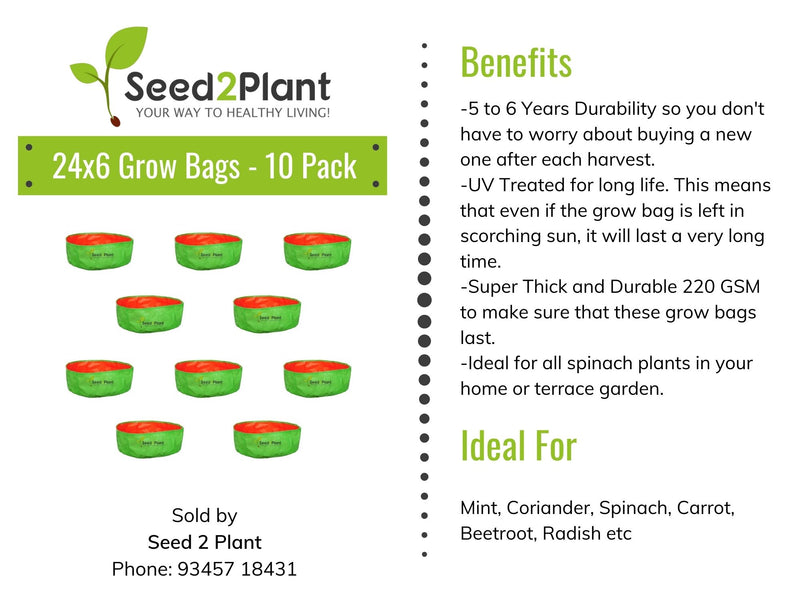 24x6 Inches (2x 1⁄2 Ft) (Pack of 10) - 220 GSM HDPE Round Spinach Grow Bag