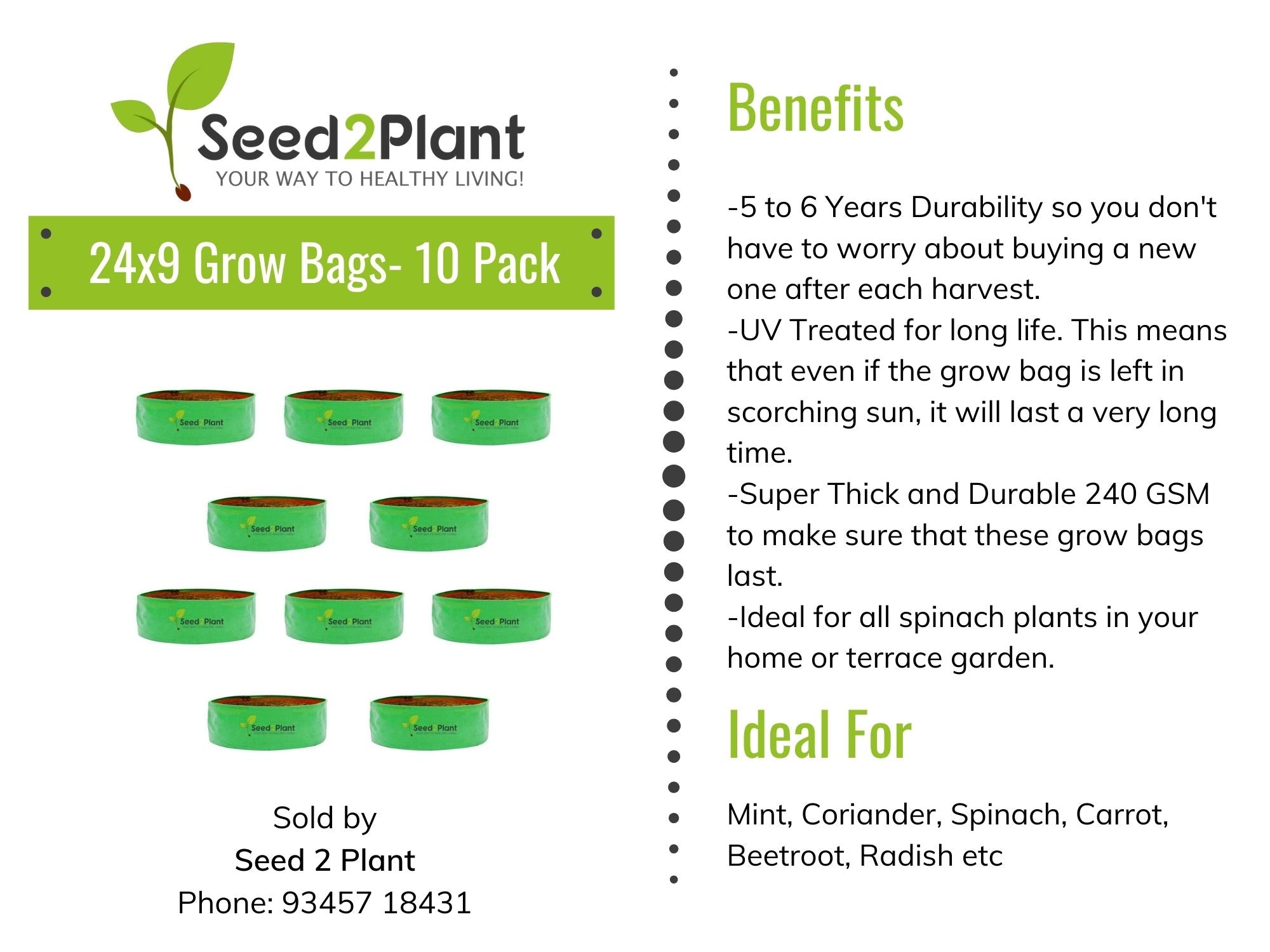 24x9 Inches (2x¾ Ft) (Pack of 10) - 220 GSM HDPE Round Spinach Grow Bag