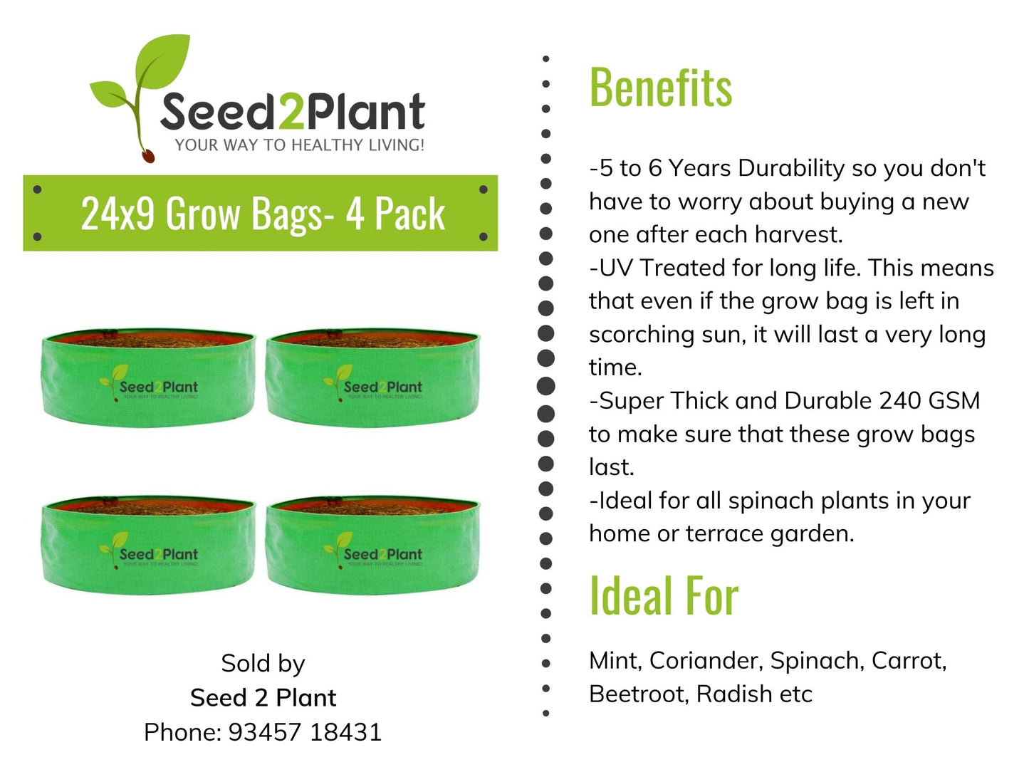 24x9 (2x¾ Ft) Inches (Pack of 4) - 220 GSM HDPE Round Spinach Grow Bag